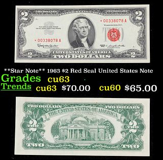 **Star Note** 1963 $2 Red Seal United States Note Grades Select CU