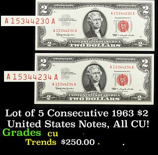 Lot of 5 Consecutive 1963 $2 United States Notes, All CU! $2 Red Seal United States Note Grades CU