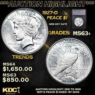 ***Auction Highlight*** 1927-d Peace Dollar $1 Graded ms63+ By SEGS (fc)