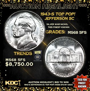 ***Auction Highlight*** 1943-s Jefferson Nickel TOP POP! 5c Graded GEM++ 5fs By USCG (fc)