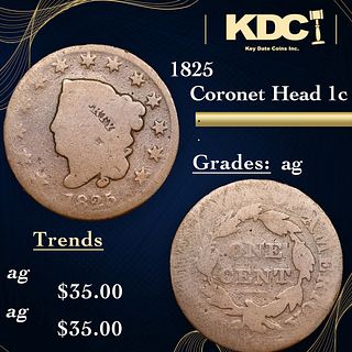 1825 Coronet Head Large Cent 1c Grades ag