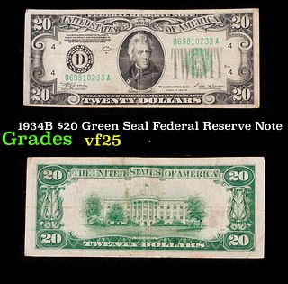 1934B $20 Green Seal Federal Reserve Note Grades vf+