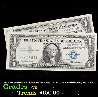 2x Consecutive **Star Note** 1957 $1 Silver Certificates, Both CU! $1 Blue Seal Silver Certificate Grades CU