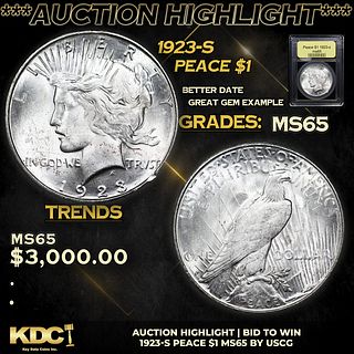 ***Auction Highlight*** 1923-s Peace Dollar $1 Graded GEM Unc By USCG (fc)