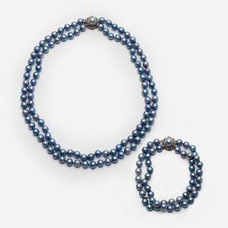 Akoya Blue Pearl Necklace + Matching Bracelet 14k