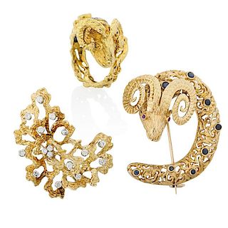 DIAMOND OR GEM SET YELLOW GOLD BROOCHES OR RING