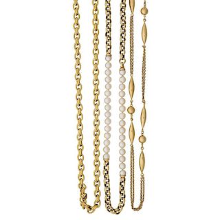 THREE LONG ITALIAN YELLOW GOLD CHAIN NECKLACES