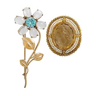 TWO YELLOW GOLD & GEM SET BROOCHES