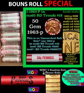 THIS AUCTION ONLY! BU Shotgun Lincoln 1c roll, 1963-p 50 pcs Plus FIVE bonus random date BU roll! Bank Wrapper 50c