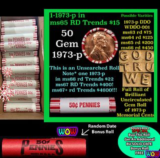 THIS AUCTION ONLY! BU Shotgun Lincoln 1c roll, 1973-p 50 pcs Plus one bonus random date BU roll! Bank Wrapper 50c