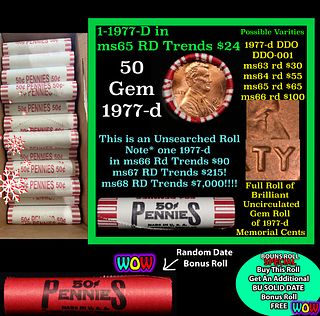 THIS AUCTION ONLY! BU Shotgun Lincoln 1c roll, 1977-d 50 pcs Plus one bonus random date BU roll! Bank Wrapper 50c