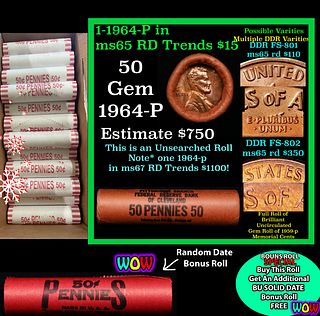 THIS AUCTION ONLY! BU Shotgun Lincoln 1c roll, 1964-p 50 pcs Plus one bonus random date BU roll! Federal Reserve Bank of Cleveland Wrapper 50c