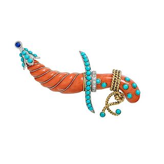 CARVED CORAL, TURQUOISE & DIAMOND DAGGER BROOCH