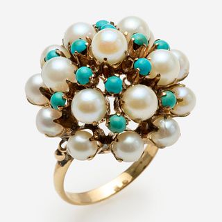  9k Turquoise Pearl Cluster Ring