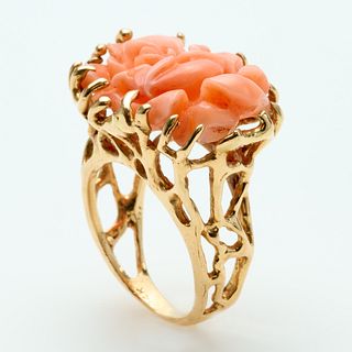  14k Carved Angels Skin Coral Ring 