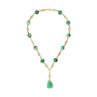 ANTIQUE CARVED JADE & YELLOW GOLD NECKLACE