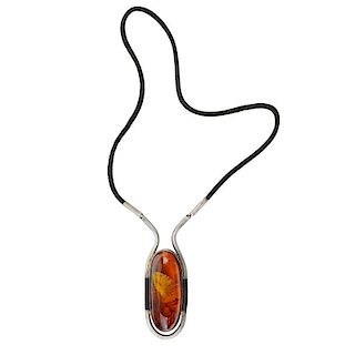 MODERNIST BALTIC AMBER, SILVER & LEATHER NECKLACE