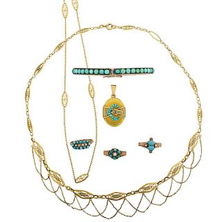 COLLECTION OF ANTIQUE YELLOW GOLD OR TURQUOISE JEWELRY