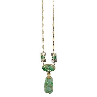 ART DECO NEPHRITE & YELLOW GOLD NECKLACE