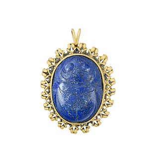 EGYPTIAN REVIVAL CARVED LAPIS SCARAB PENDANT BROOCH