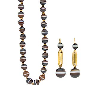 VICTORIAN BANDED AGATE BEAD NECKLACE & EARRINGS