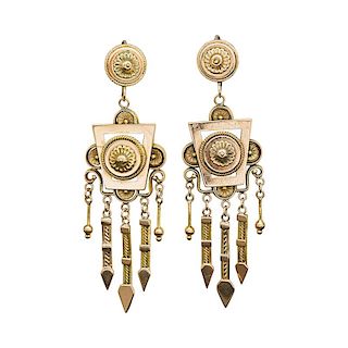MID-VICTORIAN ARCHAEOLOGICAL REVIVAL YELLOW GOLD EARRINGS