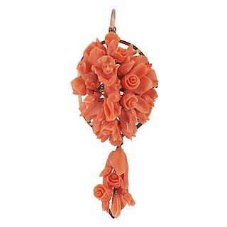 VICTORIAN CARVED CORAL & YELLOW GOLD PENDANT BROOCH