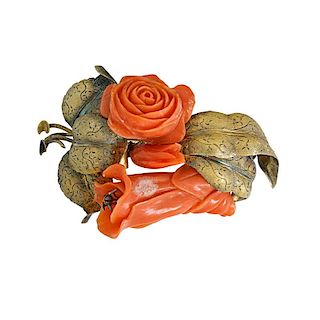 VICTORIAN CARVED CORAL, ROSE & YELLOW GOLD BROOCH