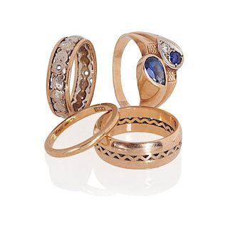 FOUR YELLOW GOLD BANDS, INCL. DIAMONDS & SAPPHIRES