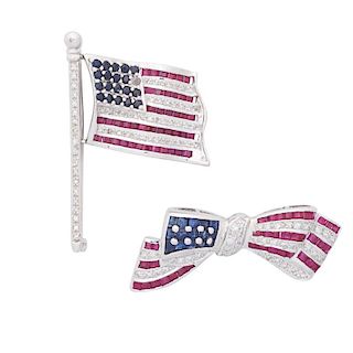 MULTI-GEM & DIAMOND WHITE GOLD AMERICAN FLAG BROOCHES