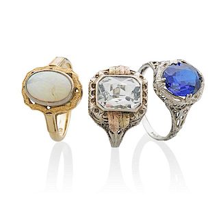 THREE ANTIQUE GEM OR GLASS SET GOLD RINGS