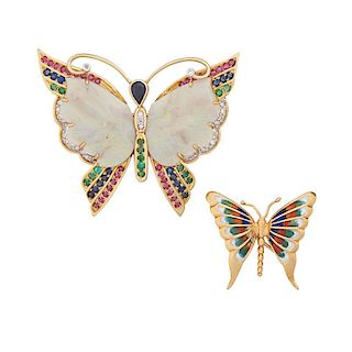 GEM SET OR ENAMELED YELLOW GOLD BUTTERFLY BROOCHES