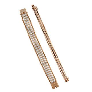 TWO YELLOW GOLD OR PEARL STRAP BRACELETS