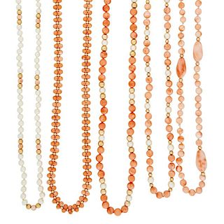 FIVE CORAL, PEARL OR YELLOW GOLD NECKLACES
