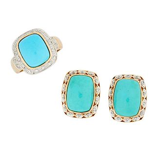 TURQUOISE & DIAMOND YELLOW GOLD RING & EARRING SUITE