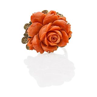CARVED CORAL & YELLOW GOLD ROSE BLOSSOM RING