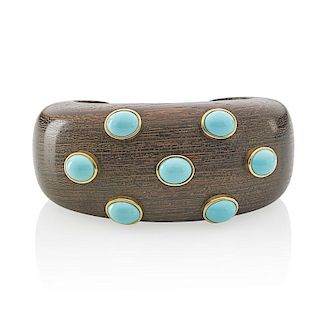 ITALIAN CARVED WOOD TURQUOISE & YELLOW GOLD CUFF BRACELET