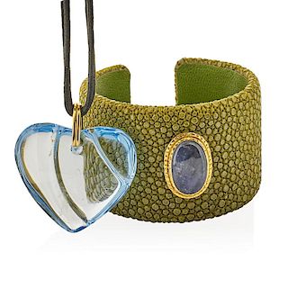 BACCARAT CRYSTAL HEART PENDANT & STINGRAY LEATHER CUFF