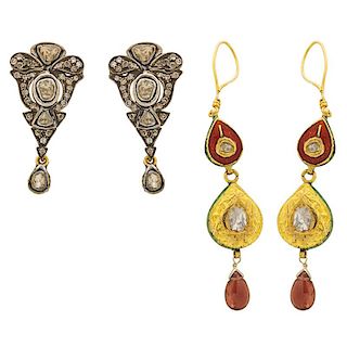 TWO PAIRS OF INDIAN DIAMOND DROP EARRINGS