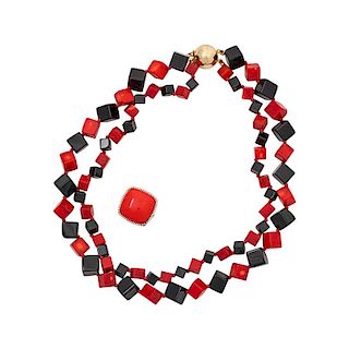 CORAL & ONYX NECKLACE, CORAL & DIAMOND GOLD RING