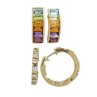 TWO PAIRS DIAMOND OR GEM SET YELLOW GOLD EARRINGS