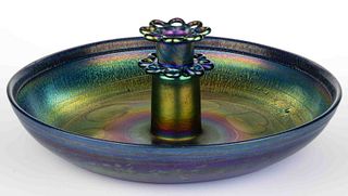 TIFFANY FAVRILE LILY PADS IRIDESCENT ART GLASS FLOWER-FROG CENTERPIECE BOWL
