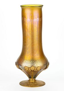 TIFFANY STUDIOS DAMASCENE / KING TUT IRIDESCENT ART GLASS LARGE VASE IN STAND
