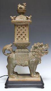 CHINESE GLAZED EARTHENWARE BUDDHIST LION LANTERN TABLE LAMP