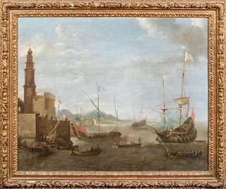 THE DUTCH NAVY OFF A TURKISH OTTOMAN TRADE POST OIL PAINTING