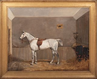  PORTRAIT OF A DAPPLE GREY RACEHORSE OIL PAINTING