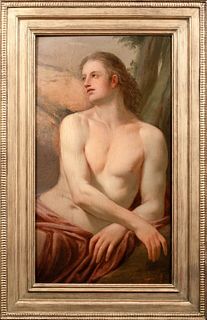 PORTRAIT OF PARTIALLY NUDE MALE OIL PAINTING