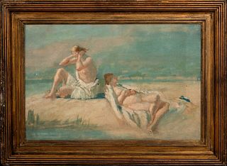 BEACH SCENE WITH NUDES OIL PAINTING