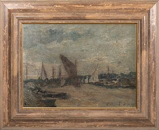 VIEW OF A BOATS IN SUFFOLK HARBOUR OIL PAINTING