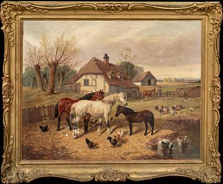  LANDSCAPE OF HORSES, CHICKENS AND PIGS OIL PAINTING